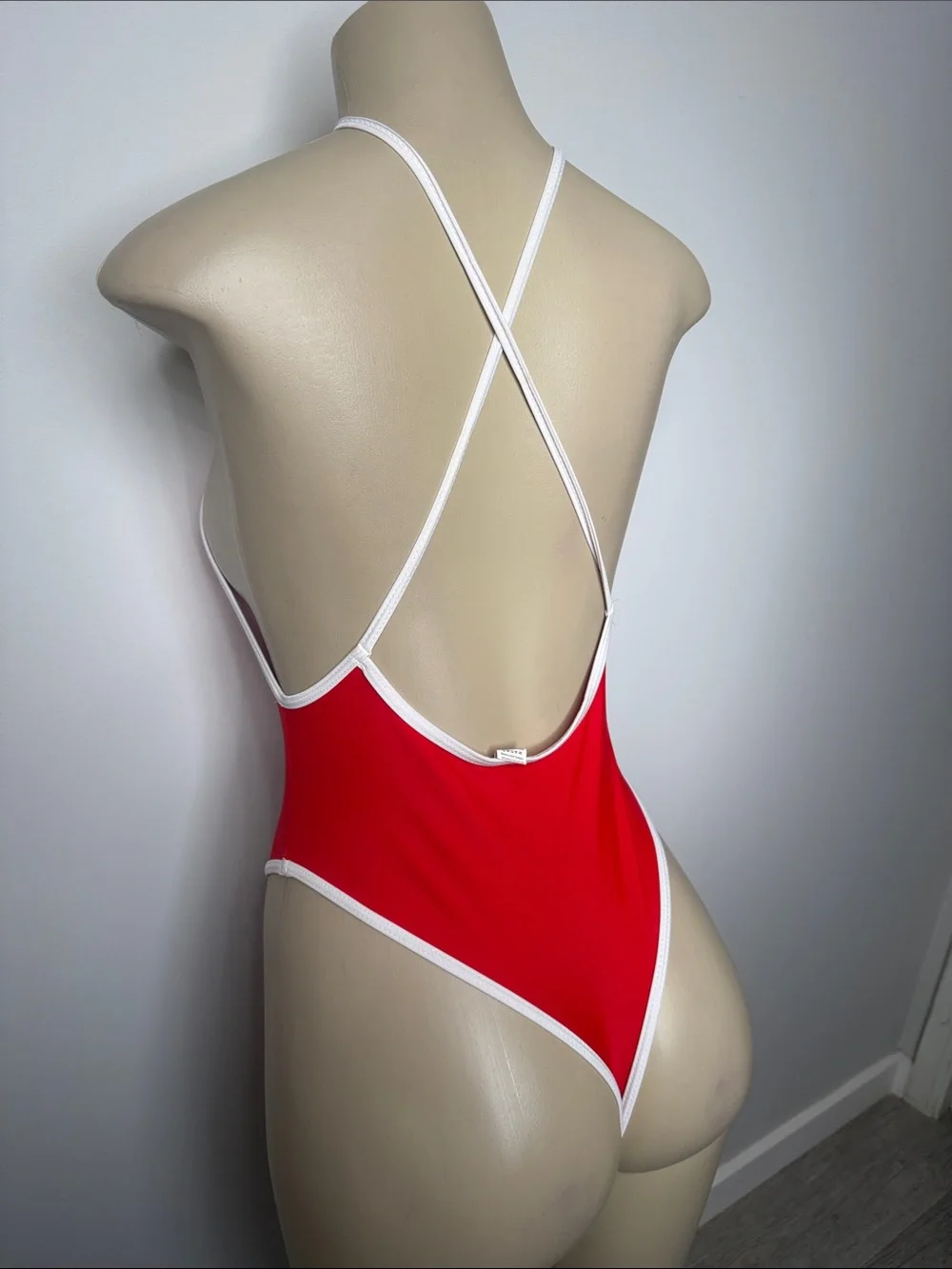 Red Cross-Back One-Piece Swimsuit with White Trim